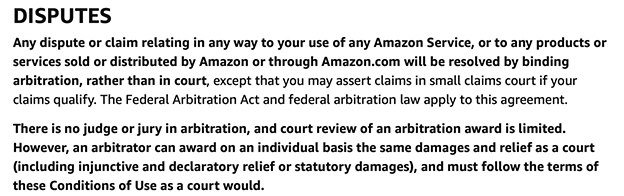 Amazon Conditions of Use: Disputes clause excerpt