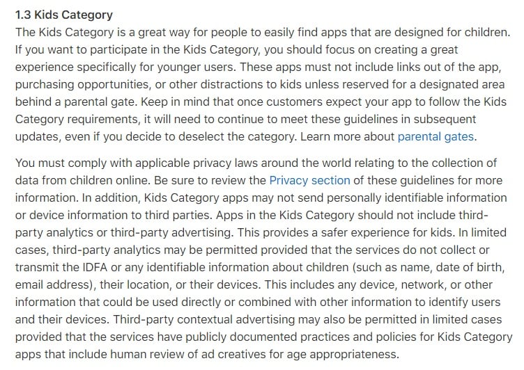 Apple App Store Review Guidelines: Kids Category clause