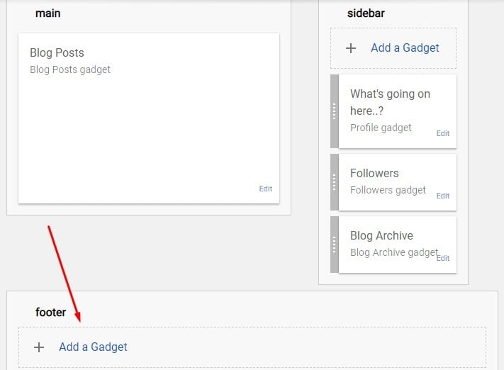 Blogger dashboard with Add a Gadget section highlighted