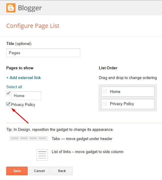 Blogger dashboard Configure Page List with Privacy Policy checkbox highlighted