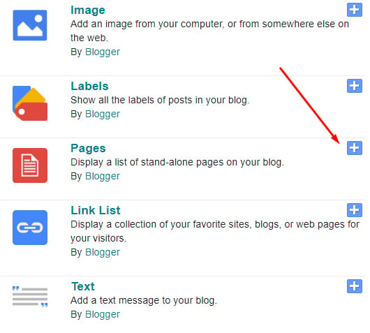 Blogger dashboard Gadget list with Pages option highlighted