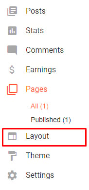 Blogger Dashboard menu with Layout option highlighted