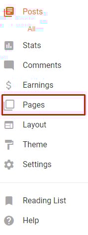 Blogger Dashboard menu with Pages option highlighted