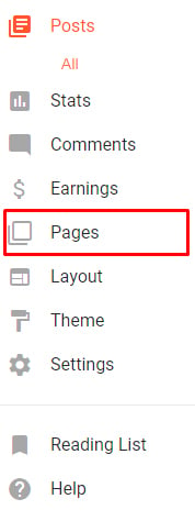 Blogger Dashboard menu with Pages option highlighted