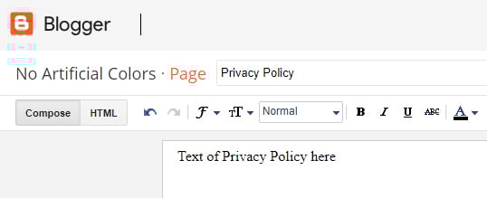 Blogger dashboard: Screenshot of new page title and text fields