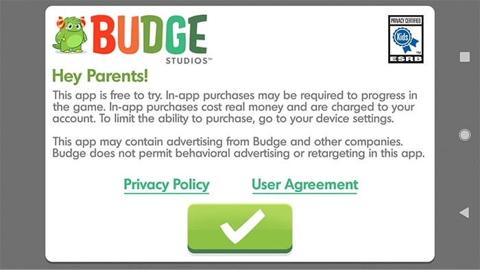 Budge Studios: App notice for parents - Consent