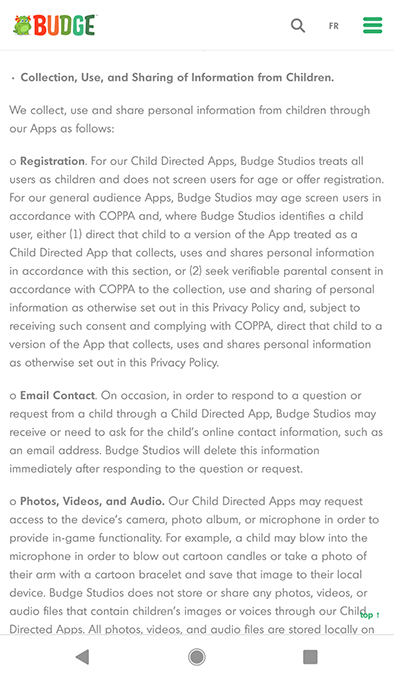 Budge Studios Privacy Policy: Collect, Use and Sharing of Information from Children clause