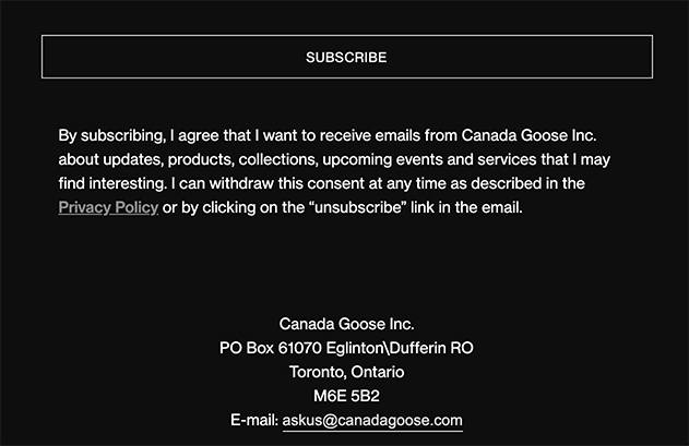 Canada Goose email subscribe and consent form