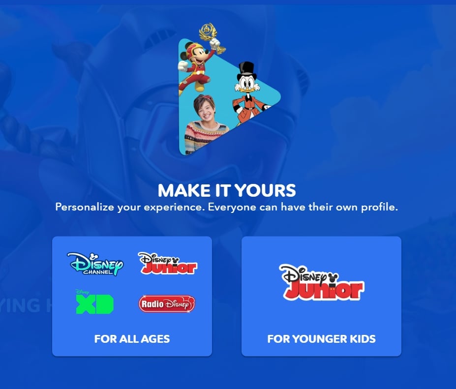 Disney Now profile options: For All Ages or For Younger Kids