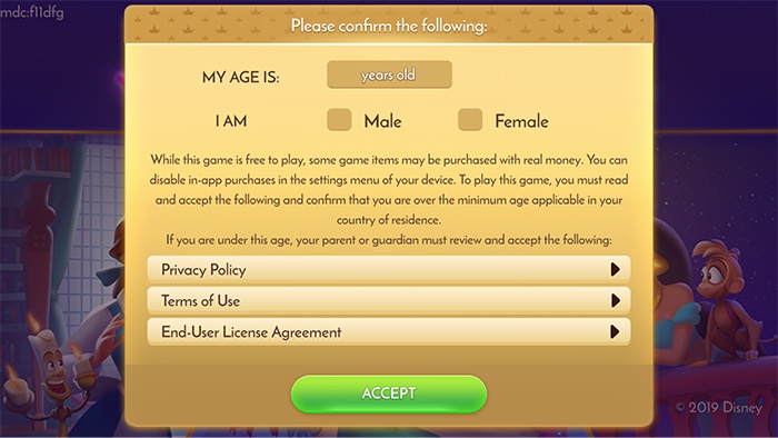 Disney Princess Magic Quest app: Confirm Age screen