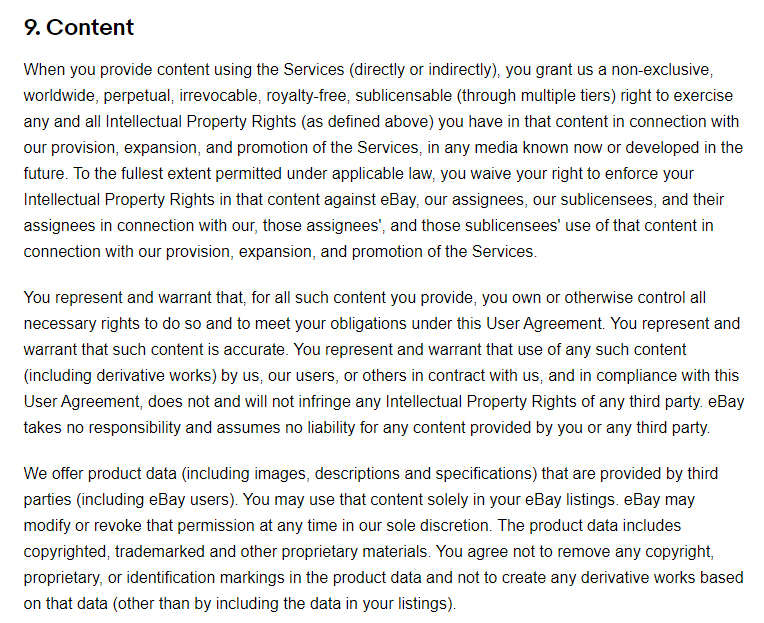 eBay User Agreement: Content clause excerpt