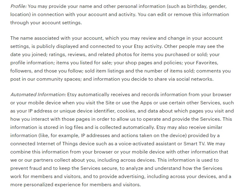 Etsy Privacy Policy: Information Collected or Received clause excerpt