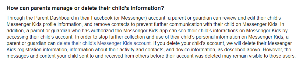 Facebook Messenger Kids Privacy Policy: How can parents manage or delete their childs information clause