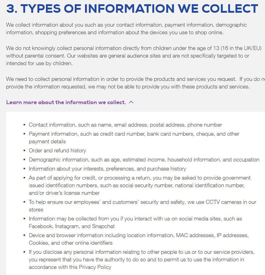 Gap Privacy Policy: Types of Information We Collect clause