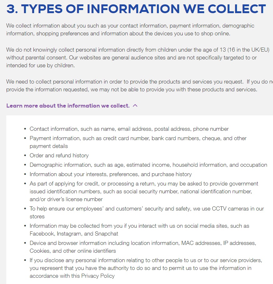 Gap Privacy Policy: Types of Information We Collect clause