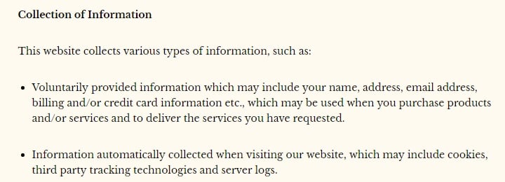 Golubka Kitchen Privacy Policy: Collection of Information clause excerpt