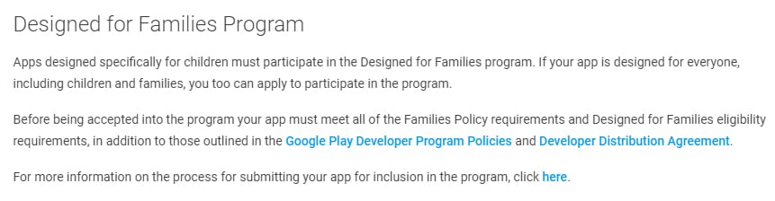 Google Play Developer Policy Center: Excerpt of Designed for Families Program clause