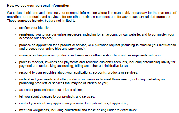 GraysOnline Privacy Policy: How we use your personal information clause excerpt