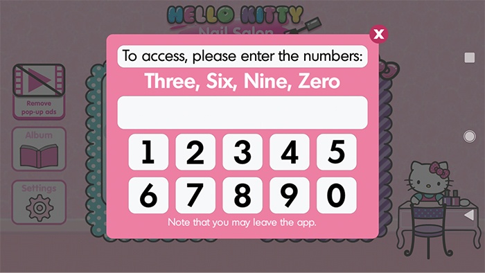 Hello Kitty Nail Salon app: Enter numbers log-in prompt