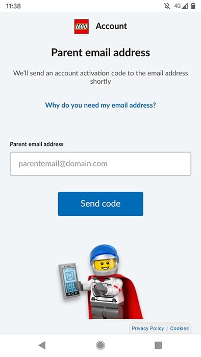 Lego Land app: Parental email address and confirmation code for consent screen