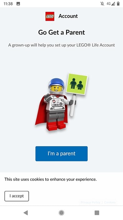 Lego Land app: Parental consent prompt screen to create an account