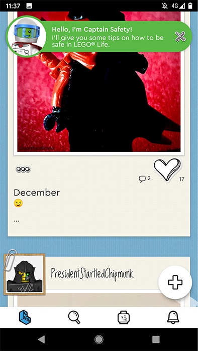 Lego Life app: Captain Safety pop-up on screen