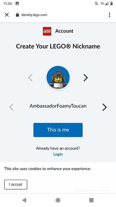 Lego Life app: Create a nickname and account screen