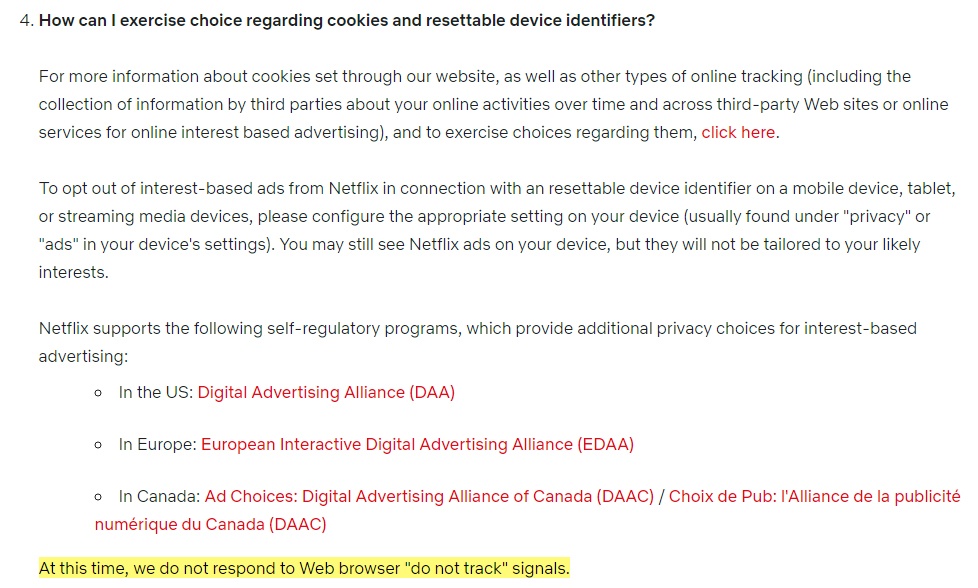 Netflix Privacy Statement: Choices regarding cookies and device identifiers clause with DNT info highlighted