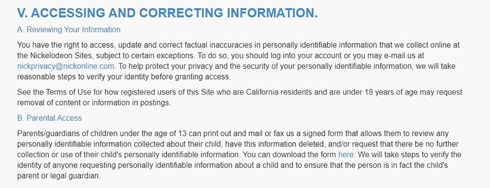 Nick Jr Privacy Policy: Accessing and Correcting Information clause