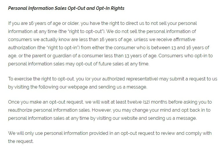 PetSuites of America: Privacy Notice for California Residents - Personal Information Sales Opt-Out and Opt-In Rights clause