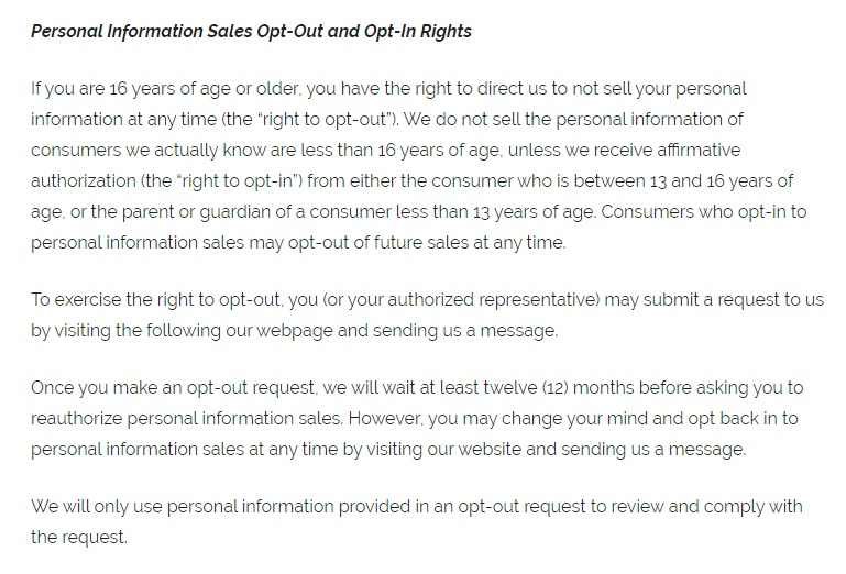 PetSuites of America: Privacy Notice for California Residents - Personal Information Sales Opt-Out and Opt-In Rights clause