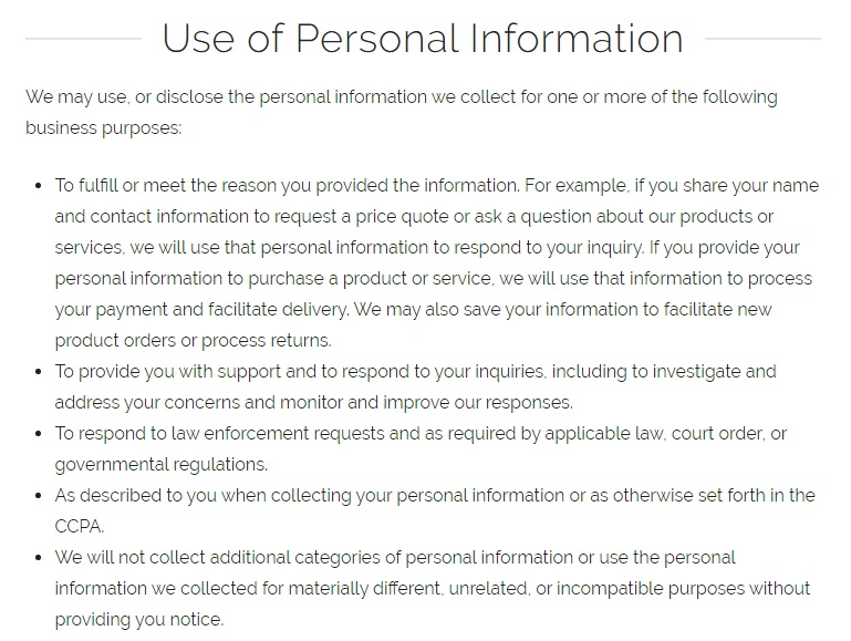 PetSuites of America: Privacy Notice for California Residents - Use of Personal Information clause