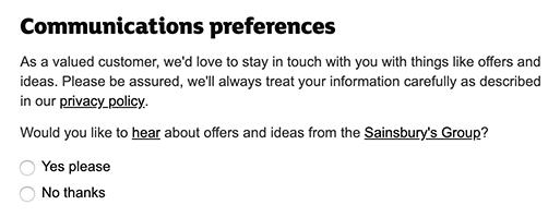 Sainsburys Communications Preferences consent form