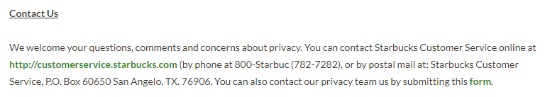 Starbucks Privacy Policy: Contact Us clause