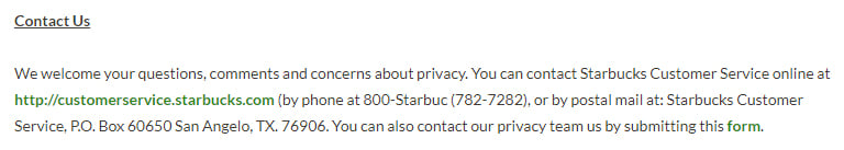 Starbucks Privacy Policy: Contact Us clause