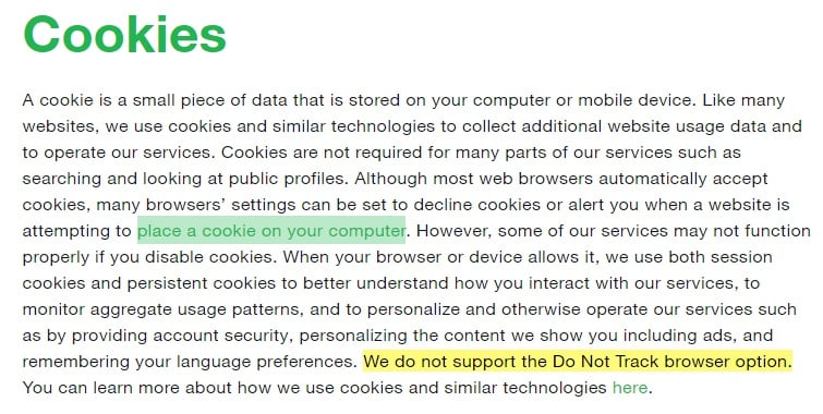 Twitter Privacy Policy: Cookies clause with DNT info highlighted