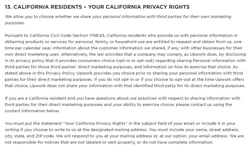 Upwork Privacy Policy: California Residents - Your California Privacy Rights clause