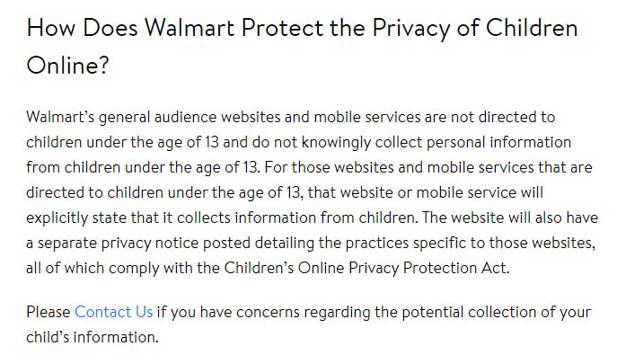 Walmart Privacy Policy: How Does Walmart Protect the Privacy of Children Online clause - COPPA