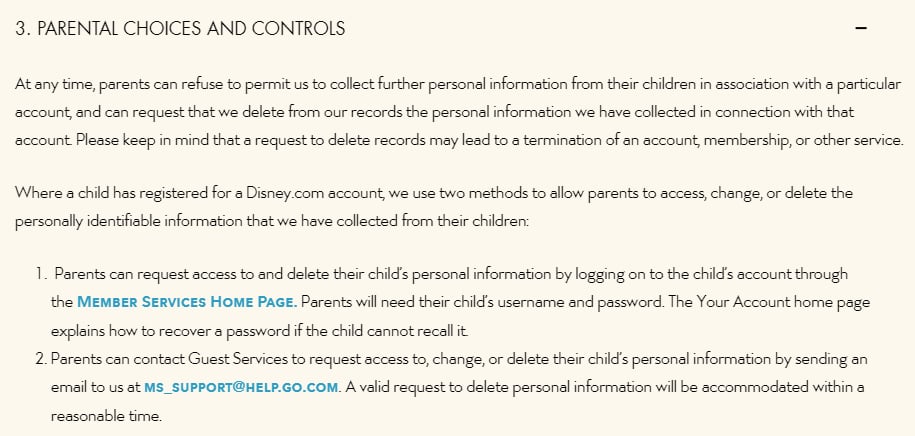 Walt Disney Childrens Privacy Policy: Parental Choices and Controls clause