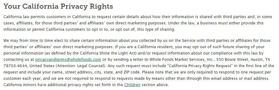 Whole Foods Privacy Notice: Your California Privacy Rights clause