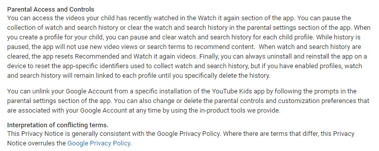 YouTube Kids Privacy Notice: Parental Access and Controls clause