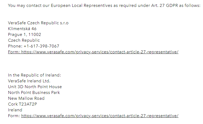American Eagle Privacy Notice: EU Representative contact information clause