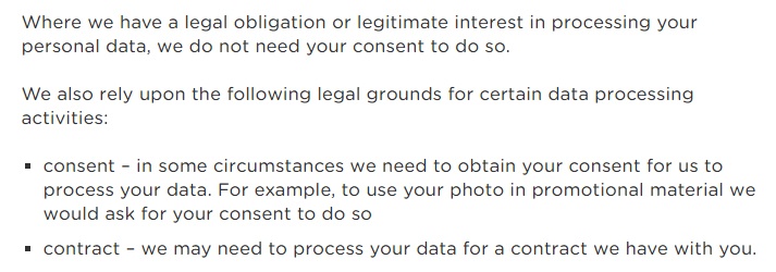 Anglian Water Privacy Notice: Excerpt of clause about legal grounds for processing