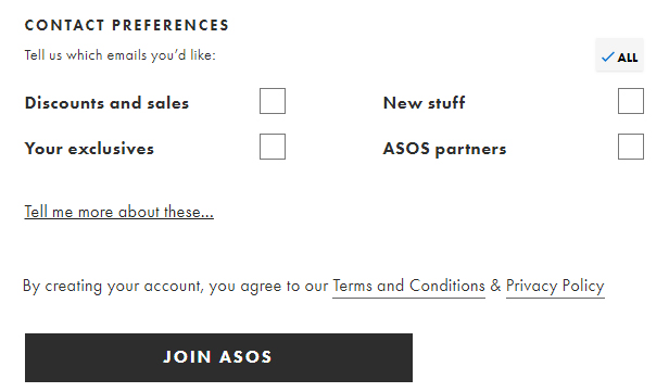 ASOS Join form: Contact Preferences with checkboxes for consent