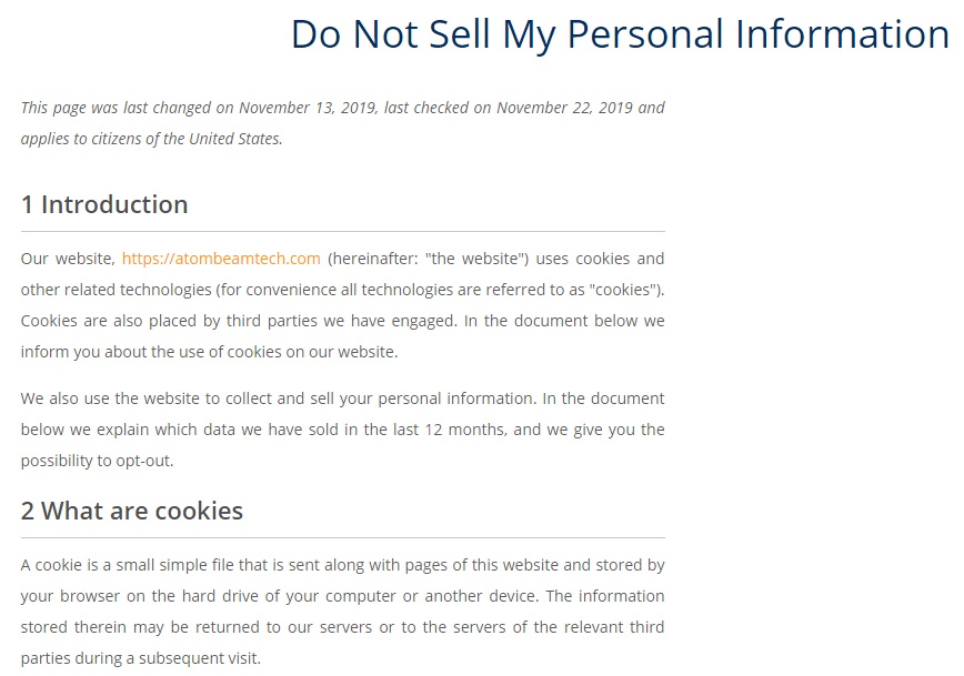 AtomBeam: Do Not Sell My Personal Information Page - Intro and Cookies sections