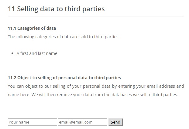 AtomBeam: Do Not Sell My Personal Information Page - Selling data to third parties section with object form