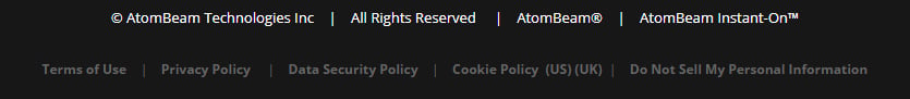 AtomBeam website footer with links