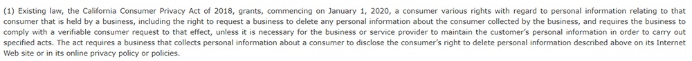 CCPA Section 1 Stating that various consumer rights are granted