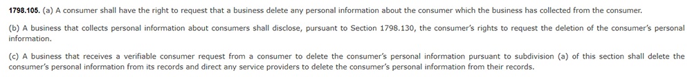 CCPA Section 1798 105: Excerpt about consumer right to request information be deleted