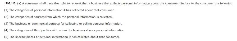 CCPA Section 1798 110: Excerpt about consumer right to request information be disclosed